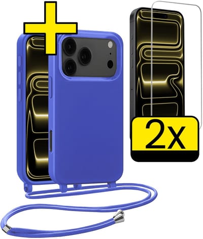Hoesje Geschikt voor iPhone 17 Pro Hoesje Met Koord Met 2x Screenprotector Siliconen Case - Hoes Geschikt voor iPhone 17 Pro Backcover Met Afneembaar Koord - Felblauw
