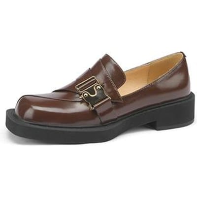 Nouvelles chaussures tendance pour femmes en cuir véritable, mocassins décontractés à enfiler, chaussures à plateforme, chaussures à talons ronds, escarpins à boucle en métal 39 marron