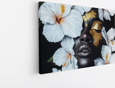 Saammp Canvas Schilderij - Abstract - Afrikaanse Vrouw - Witte Bloemen - 30x20 - Foto op canvas - Wanddecoratie - Muurdecoratie Woonkamer - Slaapkamer decoratie - Canvas Print