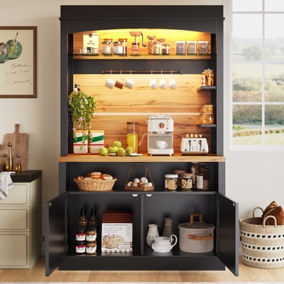 MODFU Dressoir – 107 X 43 X 184 cm Buffetkast – Met LED-verlichting en Open Vakken – Veel opbergruimte – Moderne kast voor woonkamer of keuken – MDF en Metaal – Zwart
