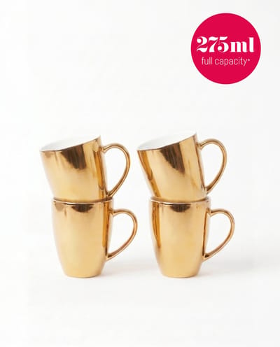 vtwonen - Set van 4 - Mokken met Oor - Goud - Porselein - 275ml