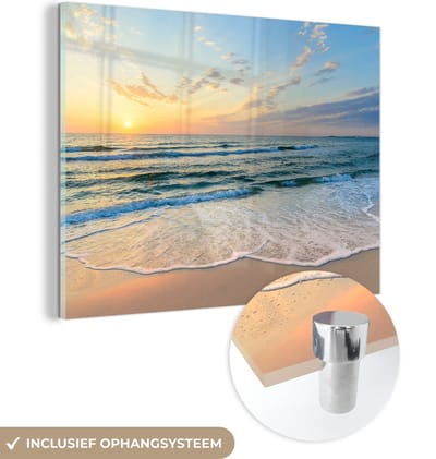 MuchoWow® Glasschilderij 160x120 cm - Schilderij acrylglas - Strand - Zee - Zonsondergang - Golf - Foto op glas - Muurdecoratie woonkamer - Wanddecoratie slaapkamer - Schilderijen