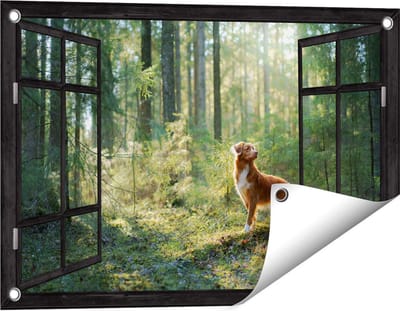 Gards Tuinposter Doorkijk Retriever Hond in het Bos met Zon - 60x40 cm - Tuindoek - Tuindecoratie - Wanddecoratie buiten - Tuinschilderij
