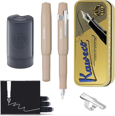 Kaweco - Cadeauset - (5delig) - Vulpen Sport Skyline Macchiato Fountain Pen - Extra Fine - Oktogonal Clip Chrome -  Patronen houder zwart - Vullingen