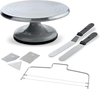 Candala Taartplateau, draaibare taartstandaard, tafeldecoratieset, aluminium taartplateau draaibaar, roterende draaiplateau taart, roestvrijstalen spatel en