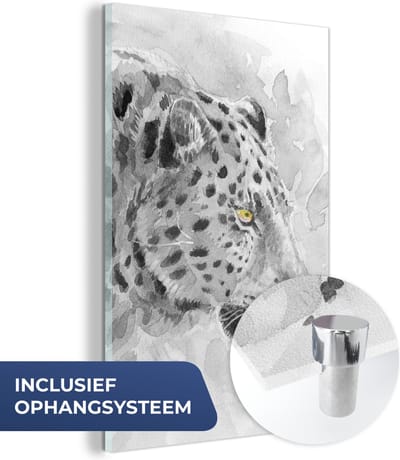 MuchoWow® Glasschilderij 40x60 cm - Schilderij acrylglas - Panter - Waterverf - Zwart - Wit - Foto op glas - Schilderijen
