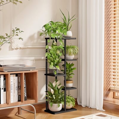 Famanu - Plantenplank metalen plantenstandaard voor buiten, 5 niveaus, zwart, grote plantenstandaards voor meerdere planten, bloemstandaard, pothouder voor terras, tuin, hoek, balkon, woonkamer