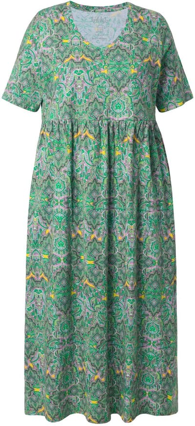 Ulla Popken - Dames - Maxi-jurk A-lijn V-hals korte mouwen zakken - Appelgroen - Maat 58+