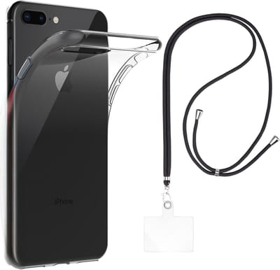 Set met hoesje en nekband voor iphone 7 plus / 8 plus - Flexibele, transparante TPU-bescherming, verstelbare universele nekband voor mobiele telefoons, zwarte nekband, transparante draagriem van Phonillico®