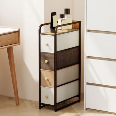 MODFU Smalle Ladekast - 4 Stoffen Laden - Industrieel - Voor Slaapkamer - Stof En Staal - Veelkleurig - 20 X 47 X 84,5 Cm