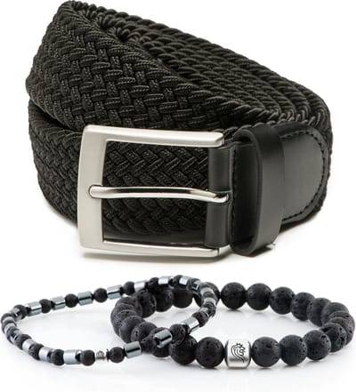 DTCH.FIT Kralen armband Zack Black one size & Elastische riem Mylo Zwart - 3,5cm breed - 95cm - Totale lengte 110cm