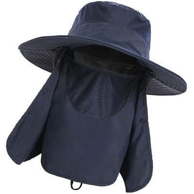 Chapeau de Soleil Casquette Protection UV Large Bord Nylon Respirant Séchage Rapide UPF 50+ Chapeau de Pêche avec Rabat Amovible pour Visage et Cou bleu foncé