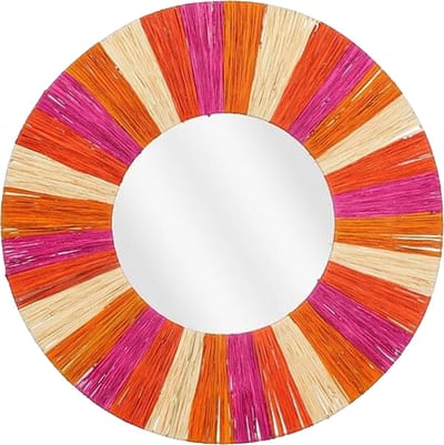 Mica Decorations wandspiegel bohemian - rond - roze/oranje - zeegras - Dia 58cm