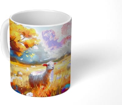 Mok - Koffiemok - Schaap - Weide - Bloemen - Mokken - 350 ML - Beker - Koffiemokken - Theemok