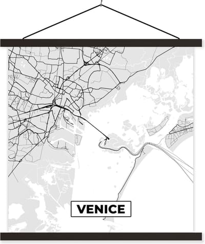 Posterhanger incl. Poster 60x60 cm - Schoolplaat - Venetië - Stadskaart - Plattegrond - Zwart Wit - Kaart - Textielposter - Zwarte latten - Stadskaart