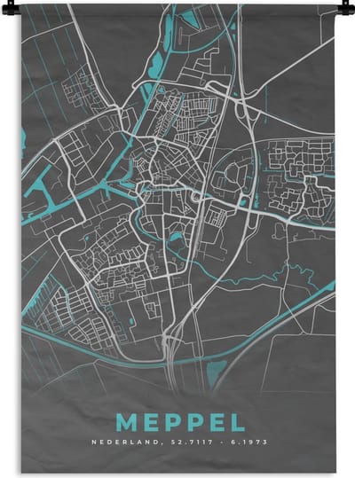 Wandkleed - Wanddoek - Stadskaart - Meppel - Grijs - Blauw - 120x180 cm - Wandtapijt - Plattegrond