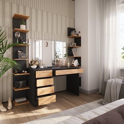 Moderne Make-up Tafel met Grote LED Spiegel en Krukje - Antraciet en Gouden Eik Look