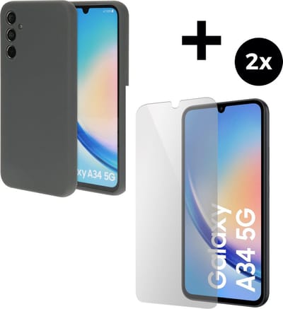 Mobiparts Silicone Cover hoesje geschikt voor Samsung Galaxy A34 (2023) 5G met 2 Screenprotectors van Gehard Glas - Grijs