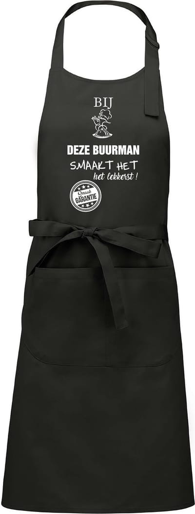 Cadeauschort - tekstschort - Keukenschort - BBQ schort - verjaardag - vaderdag - het smaakt het lekkerst bij deze Buurman - chique grijs