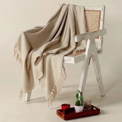 Urbane Hide | Luxe desert Geweven Zacht Plaid | SierPlaids | 130x150 cm | met Franjes | 100% Katoen | Zandbeige