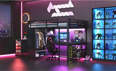 Hoogslaper 140x200 Gaming – Met Bureau, LED, Kledingkast en Opbergvakken – Zwart Metaal