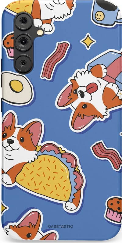 Casetastic Hoesje Geschikt voor Samsung A34 (5G) - Stijlvolle Beschermende Duo-layer Case - Corgi en Snacks
