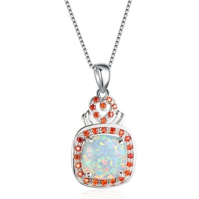 Grote Vierkante Witte Oranje Vuur Opaal Steen Hanger Kettingen Voor Vrouwen Bruiloft Sieraden Vintage Mode 925 Zilver Belofte Ketting 45cm white