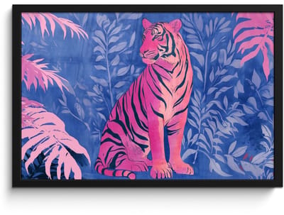 Poster in lijst - Fotolijst 60x40 cm - Posters - Tijger - Roze - Bladeren - Jungle - Posterlijst zwart - Decoratie - Wanddecoratie woonkamer - Muurdecoratie slaapkamer