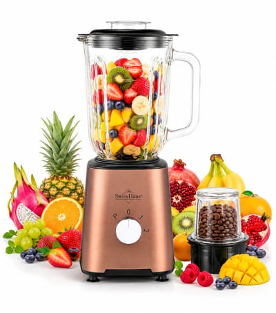 Swiss Haus® BL2115 Blender - 500W Smoothie Maker – 1.5L Glazen Kan & Grinder – RVS Messen – 2 Snelheden + Pulse – Vaatwasbestendig – Veiligheidsmicro-schakelaar – Koper