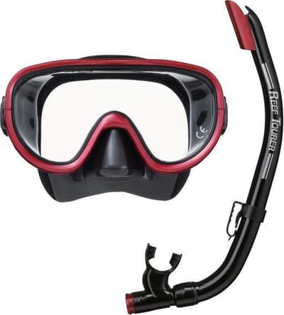 ReefTourer Snorkelset – Premium duikbril met snorkel, hypoallergene siliconen snorkelmasker één venster – Zwart/Rood– RC-0105-BK/MDR