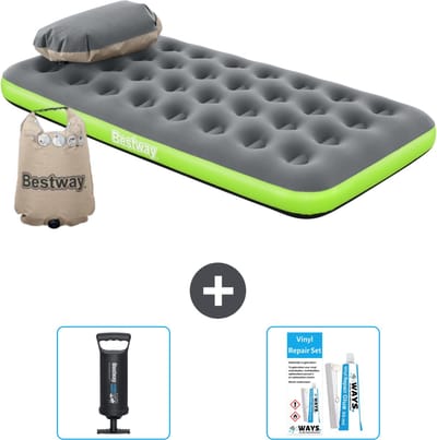 Bestway luchtbed - 1-Persoons - 99 x 188 x 22 cm - Grijs/Groen - Inclusief Pomp en Reparatieset
