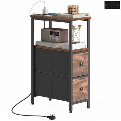 Salontafel/bijzettafel met oplaadstation, stalen frame, 2 stoffen lades, open vak, 20 cm x 40 cm x 63 cm, rustiek bruin