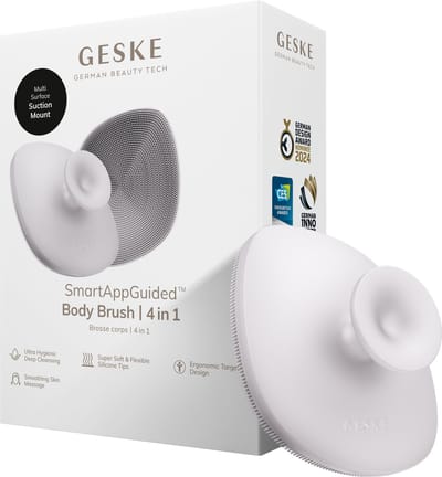 GESKE Body Brush | 4 in 1 | Reinigingsborstel voor het hele lichaam | Dieptereiniging | Zachte siliconen borstelharen | Ergonomisch ontwerp met twee vingers | Reinigingen en massages