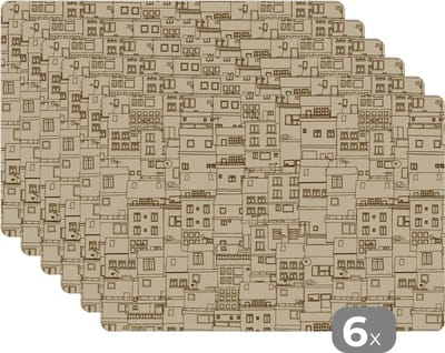 Placemat - Placemats kunststof - Patronen - Huis - Skyline - 45x30 cm - 6 stuks - Hittebestendig - Anti-Slip - Onderlegger - Afneembaar