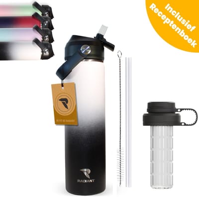 Radiant Waterfles met FruitFilter - Drinkfles 750ML – Thermosfles & Rietje - BPA-vrij, Lekvrij & Dubbelwandig - Houdt 48u Koud / 18u Warm - Inclusief Accessoires - Zwart/Wit