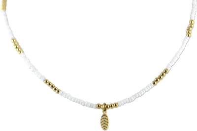 CO88 Collection 8CN-26287 Stalen Ketting met Kralen - Dames - Goudkleurig - 3 mm - Wit - 2,5 mm - Veer - 10 mm - Lengte 38 + 7 cm
