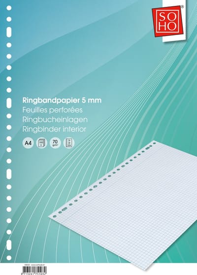 SOHO Ringbandpapier 23–rings lijn – Ringbandpapier A4 – Gelinieerd – 100 vellen – 5 mm – 70 gram