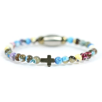 Ibizamen KIDS - jongens - armband - edelsteen - agaat gekleurd - 4mm - hematiet kruisje - 15cm