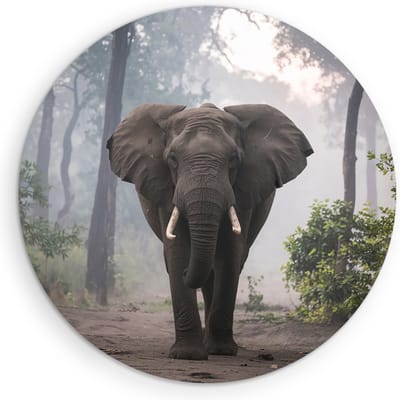 Saammp Muurcirkel Hout - Olifant tijdens zonsopgang in het bos - Afrika - Dieren - Ø 90 - Wandcirkel - Wanddecoratie Cirkel - muurdecoratie Woonkamer - Slaapkamer decoratie - Rond Schilderij