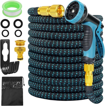 Uitrekbare Tuinslang 15 Meter - Flexibele Waterslang met 10-Functie Sproeikop - Kinkbestendig - Zwart/Blauw