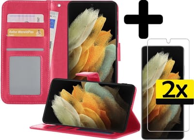 Hoesje - Met 2x Screenprotector - Geschikt voor Samsung Galaxy S21 Ultra - Luxe Pasjeshouder - Bookcase Portemonee - Flip Case - Kunstleer Book Case - Flipcase Hoes - Book Cover - Walletcase - Portemonneehoes - Telefoonhoesjes - Donkerroze