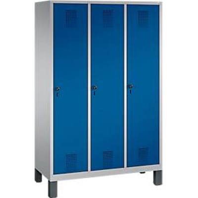 Kapstok Evolo S 3000, staal, met poten, 3 compartimenten, veiligheidsdraaigrendelslot, blank aluminium RAL 9006/gentiaanblauw RAL 5010