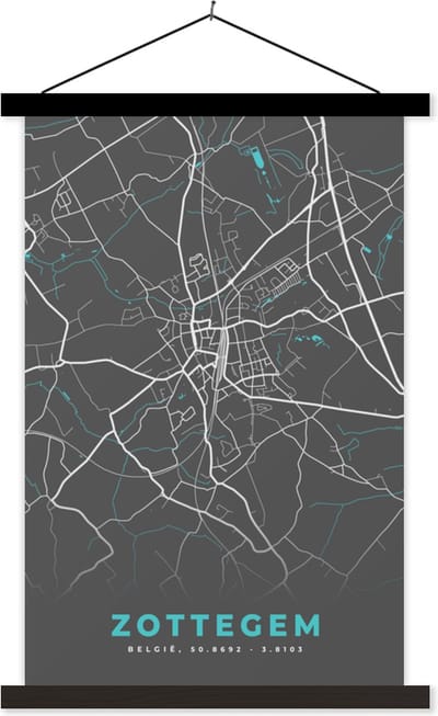 Posterhanger incl. Poster 40x60 cm - Schoolplaat - België – Zottegem – Stadskaart – Kaart – Blauw – Plattegrond - Textielposter - Zwarte latten - Stadskaart