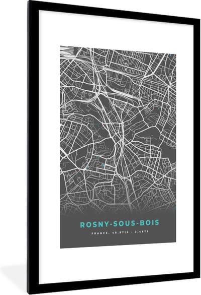 Fotolijst incl. Poster - Rosny-sous-Bois - Plattegrond - Kaart - Stadskaart - Frankrijk - 80x120 cm - Posterlijst