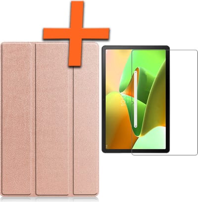 Hoesje - Geschikt voor Lenovo Tab M10 Plus (3e / 3rd Generatie) - Met Screenprotector - Trifold Bookcase - Hard Cover - Hardcover Book Case - Tablet Hoes - Rosé goud
