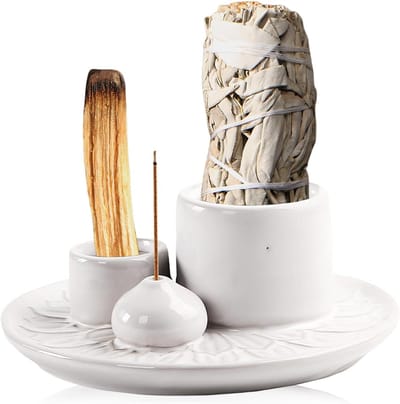 Palo Santo Wierookhouder voor Wierookstokjes en Conen, Ceramische 4-in-1 Wierookhouder voor Yoga en Meditatie, Wit