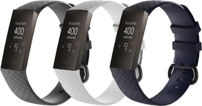 KELERINO. Siliconen bandje voor Fitbit Charge 3 - Zwart & Wit & Donkerblauw - Large