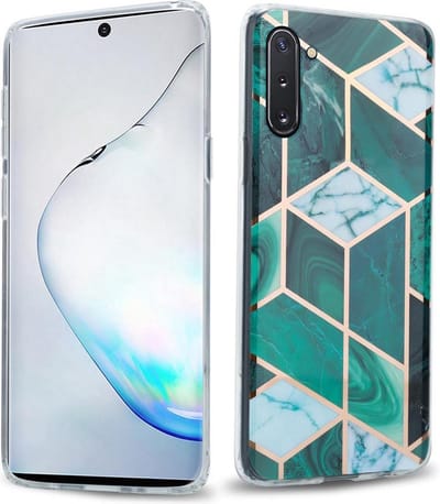 Cadorabo Hoesje geschikt voor Samsung Galaxy NOTE 10 in Donkergroen Wit Goud Marmer No. 6 - Beschermhoes gemaakt van TPU siliconen Case Cover met mozaïek motief