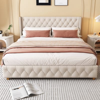 140 x 190 cm Gestoffeerd bed - Tweepersoonsbed - Houten poten - Zonder matras - Linnen - Beige
