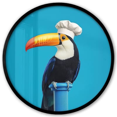 Poster in lijst Rond - Fotolijst 40x40 cm - Posters - Tucan - Sokkel - Vogel - Koksmuts - Ronde posterlijst zwart - Decoratie - Wanddecoratie woonkamer - Muurdecoratie slaapkamer